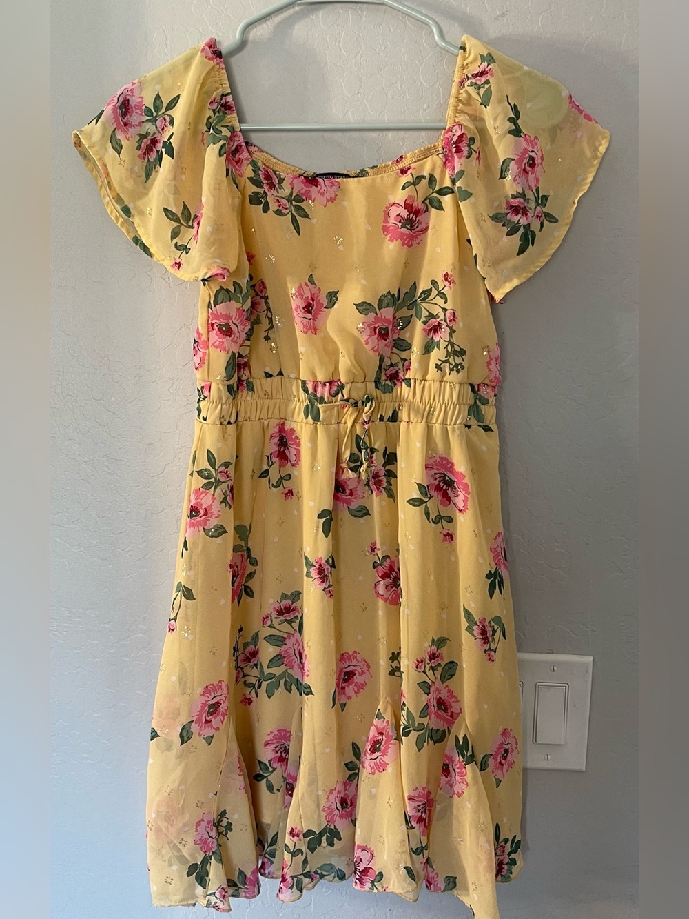 Yellow Floral Summer Dress with Pink Roses